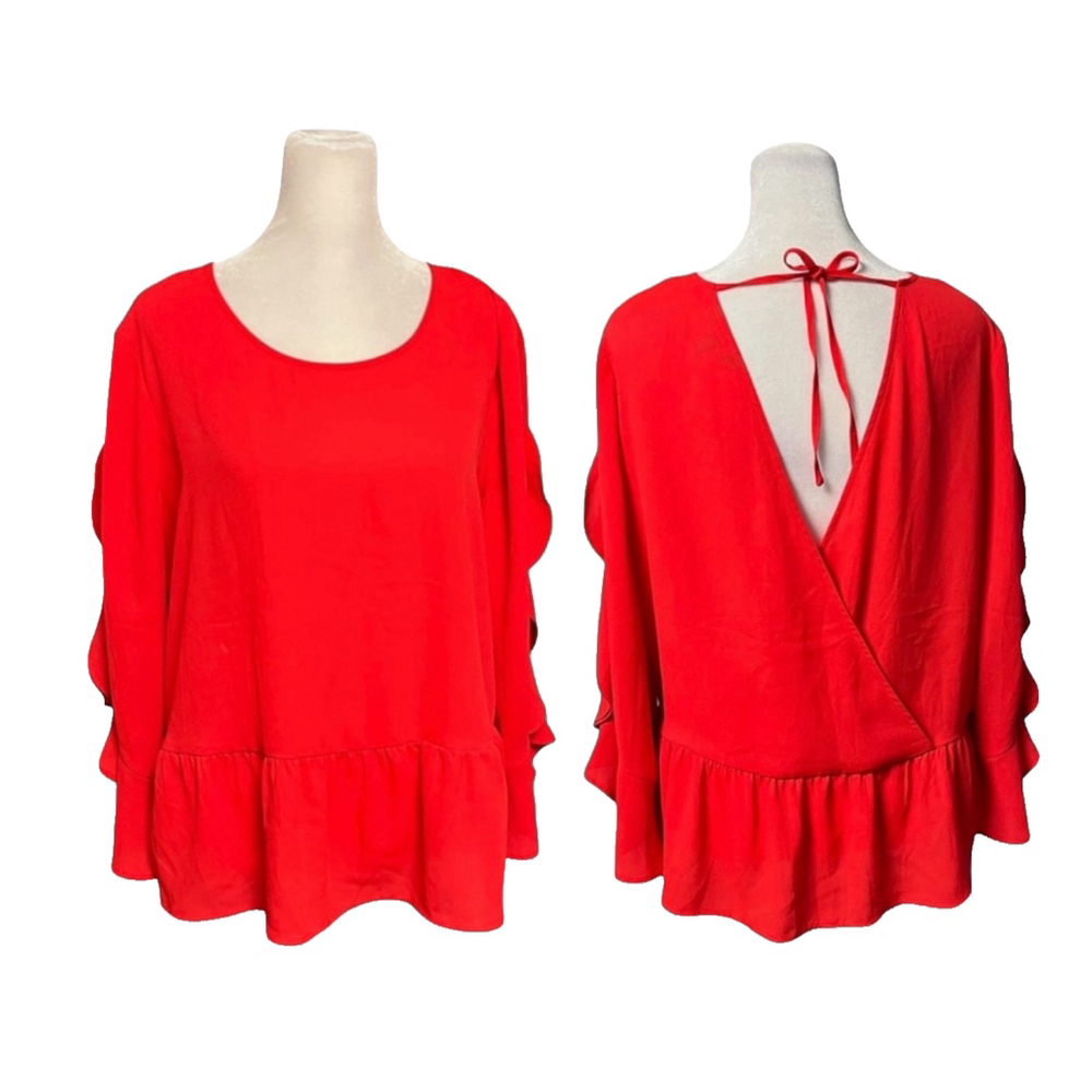 Express Red Ruffle Sleeve Open V Tie Back Blouse Size Medium